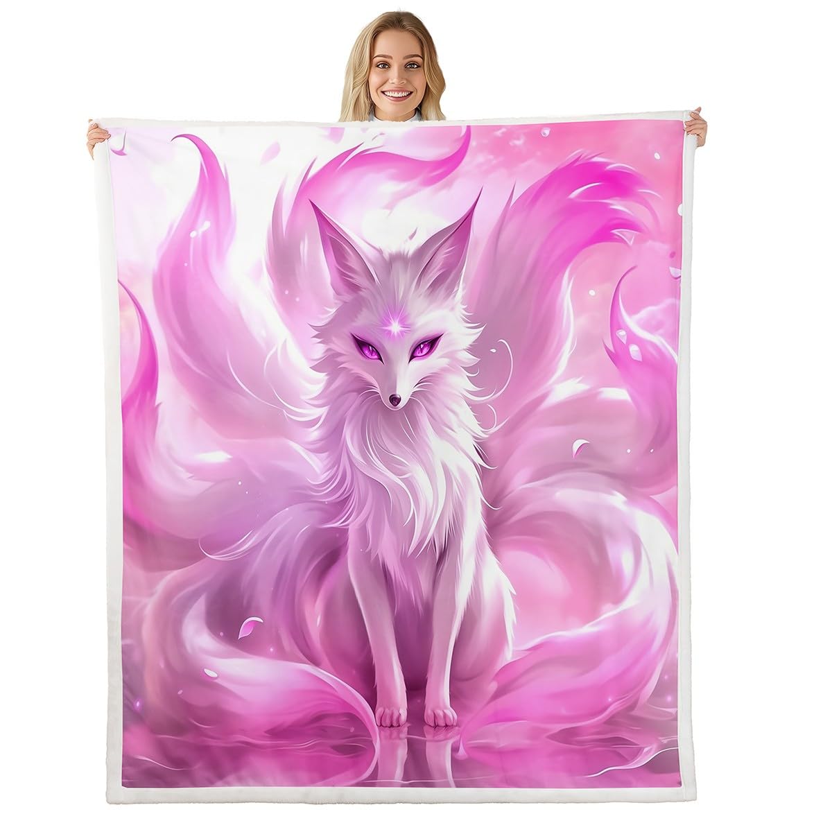 Erosebridal Arctic Fox Fleece Blanket Nine Tailed Fox Sherpa Blanket 90"x90", Mythical Animals Jungle Wildlife Magical Fuzzy Plush Throw