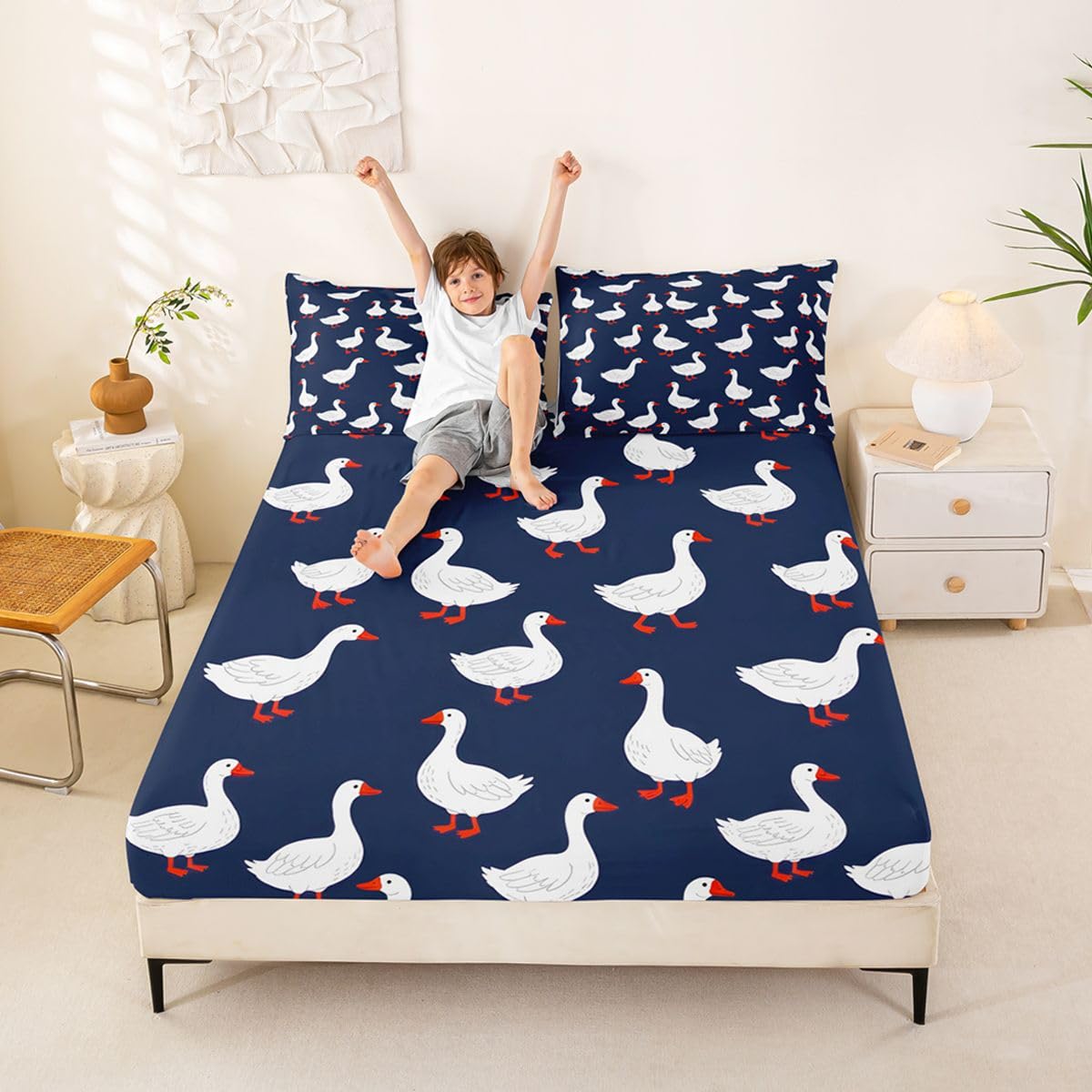 Erosebridal Goose Bed Sheets Set Full Cute Animal Sheet Set White Geese Navy Blue Sheets Funny Kawaii Cartoon Flat Fitted Sheet