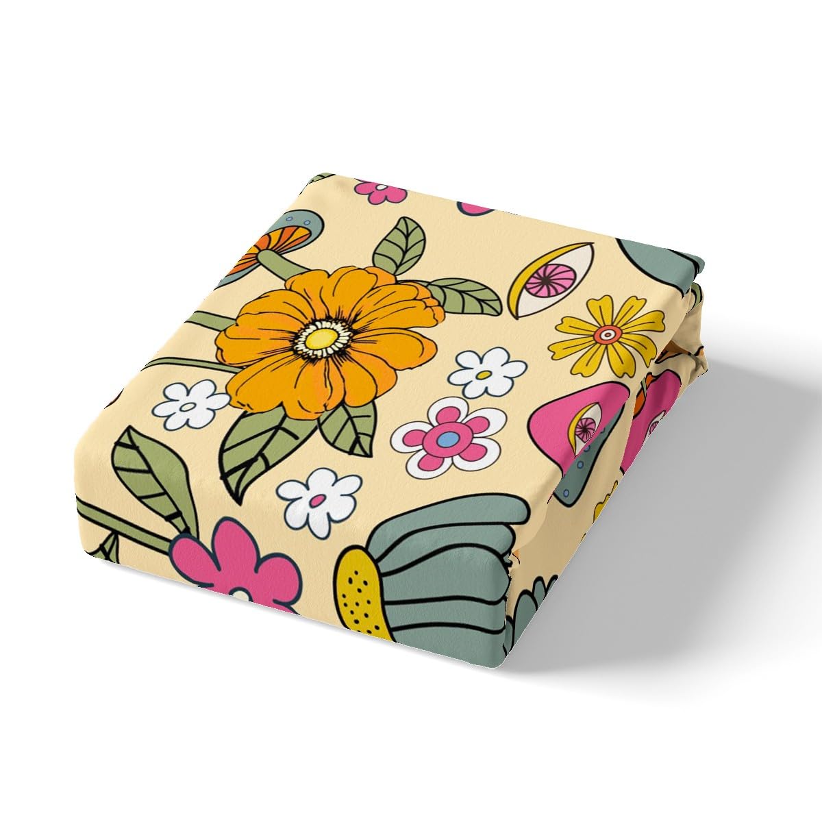 70s Retro Floral Fitted Sheet Set Full Size 4pcs,Hippie Flowers Leaves Bedding Sets(1 Fitted, 1 Flat, 2 Pillowcases) Cartoon Eyes Mushroom Luxury Deep Pocket Bed Sheets, Modern