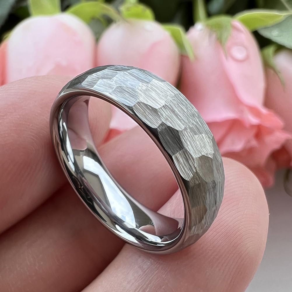 TUTISS 6mm Hammered Tungsten Carbide Rings for Men Women Engagement Wedding Bands Domed I Love You Engraved Comfort Fit Size 7