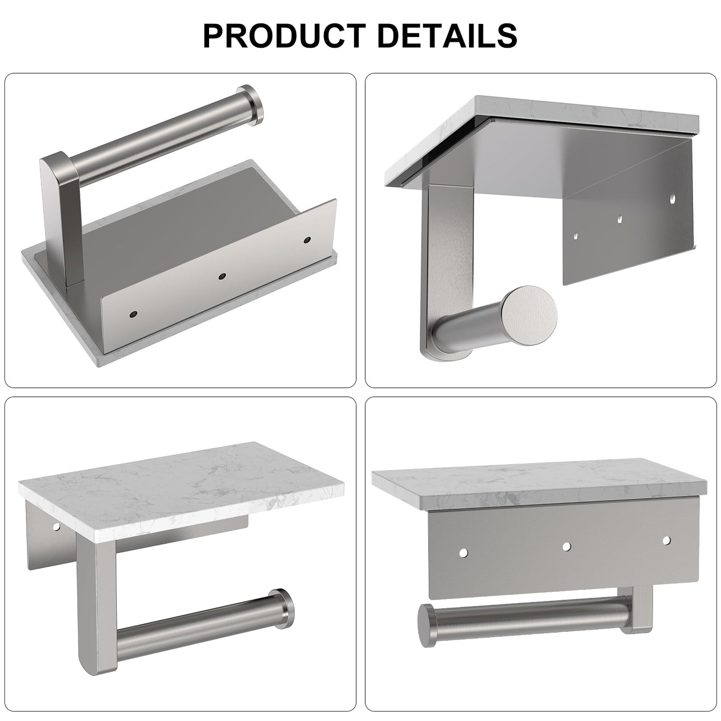 BATHLAVISH Toilet Paper Holder with Marble Shelf, 304 Stainless Steel Tissue Hand Holder Wall Mounted Toilet Paper Roll Hold with Phone Shelf for Bathroom Kitchen Washroom Bedroom, Brushed Nickel