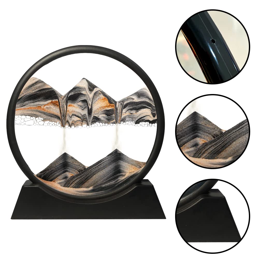 Muyan Moving Sand Art Picture Sandscapes in Motion Round Glass 3D Deep Sea Sand Art for Adult Large Desktop Art (Black, 7 Inch)
