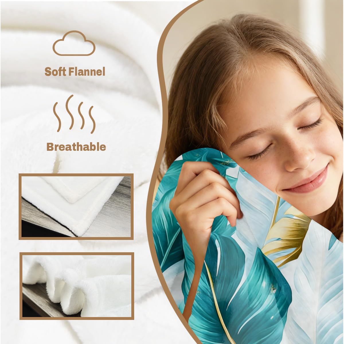 HUNXIAOJ Tropical Blankets and Throws Tropical Plant Blanket for Couch Bed Room Home Decor Tropic Leaf Throws Teal Gold Botanical Decor Flannel Gifts for Women Adults Kids 49"x59"