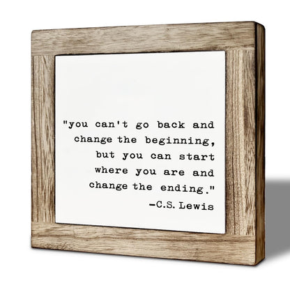 Inspirational Quotes Office Decor Sign, Farmhouse Wood Sign, You Can Start Where You are and Change the Ending, Positive Desk Top Decor for Home Office Living Room 5.9X5.9 Inches