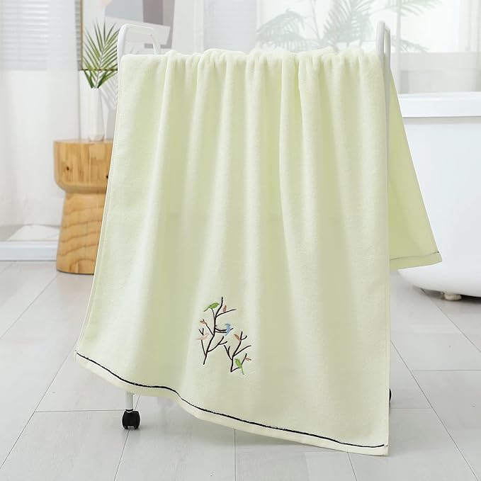 Pidada Bath Towel Embroidered Bird Tree Pattern 100% Cotton Soft Absorbent