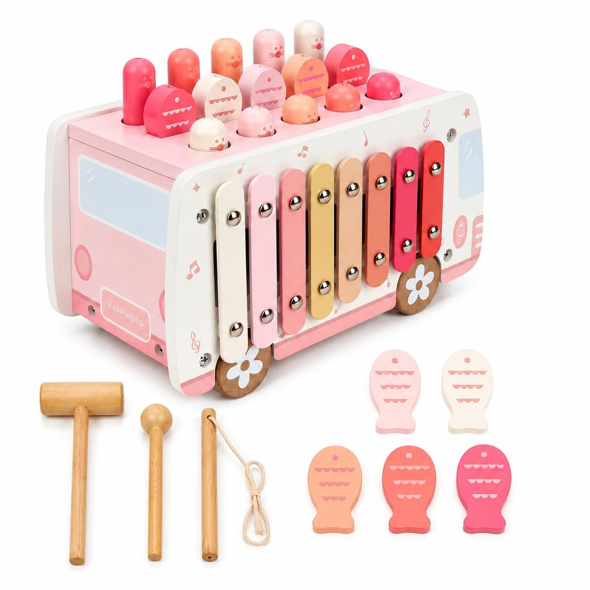 Thirrni 5-in-1 Wooden Montessori Toy for Toddlers 1-3, Pounding, Xylophone, Magnetic Fishing, Gear and Push Car Activity Toy for Learning and Fine Motor Skills