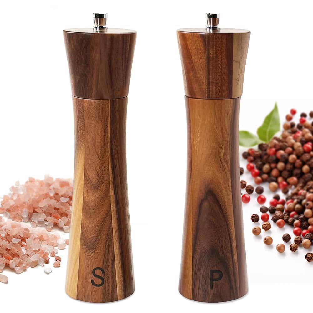 Wooden Salt and Pepper Grinders Set, 8 inch Acacia Wooden Salt and Pepper Mills Shakers Kit Ceramic Rotor with Strong Adjustable Coarseness