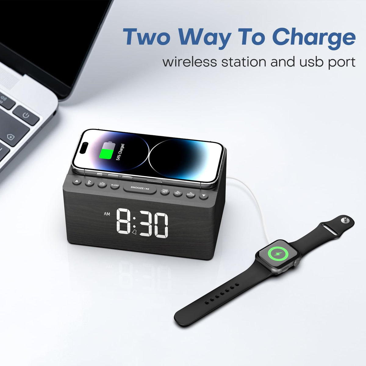 ANJANK Wooden Bluetooth Speaker Alarm Clock with Fm Radio, Wireless Charging Station for iPhone/Samsung, USB Charger Port, Dimmable Display, Sleep Timer, Digital Wood Bedroom, Bedside Grey+bluetooth