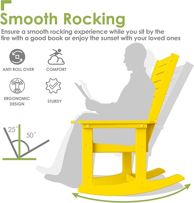 GREENVINES Outdoor Rocking Chair Set | 3-Piece | 2 Rocking Chairs with 1 Side Table | Porch Rocker | HDPE Plastic | Yellow | Patio Furniture Sets | High Back | Big & Tall | Ladder Back