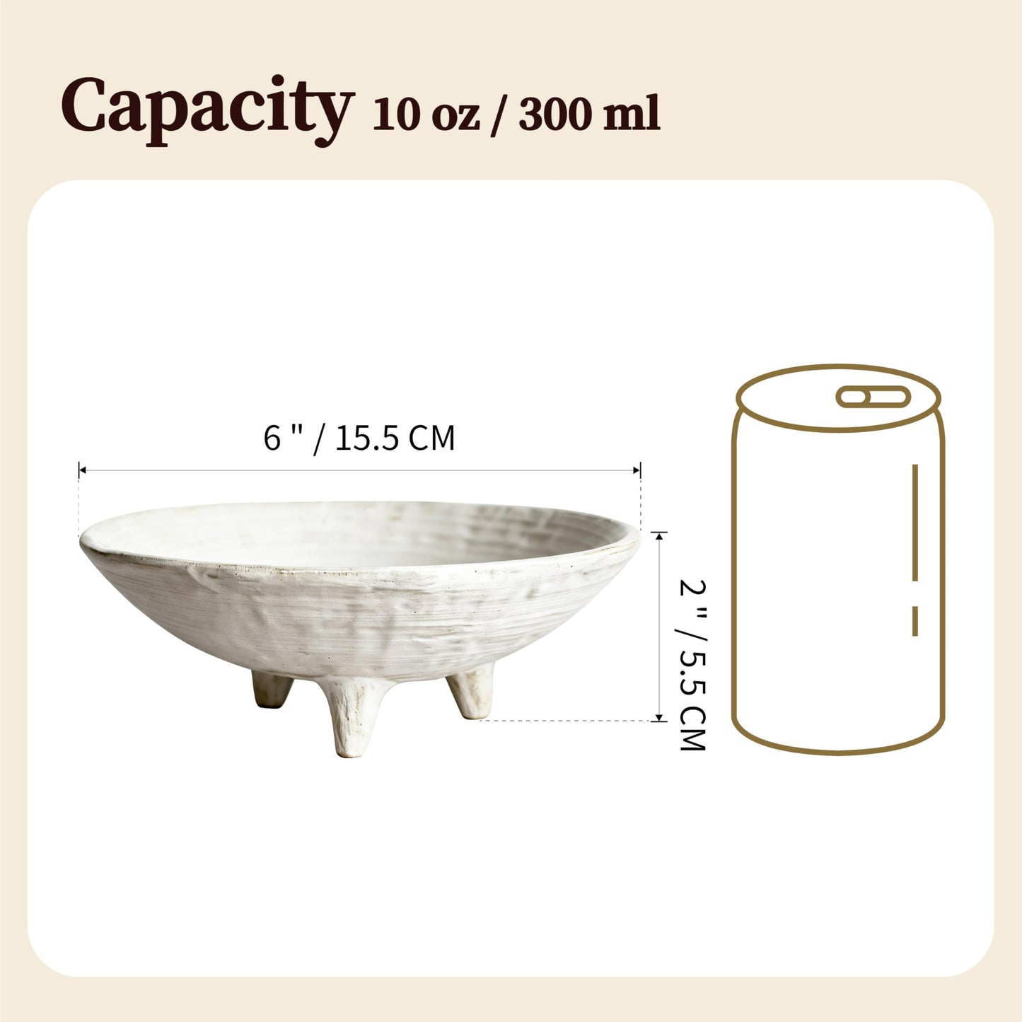 seicasaya Small Wabi-Sabi Ceramic Bowl, 6 Inch Handcrafted Tripod Design for Snacks, Sauces, Dips, Decorative Serving Bowl for Kitchen, Dining Table & Coffee Table (White)