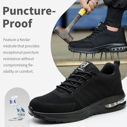 Nasogetch Safety Trainers Steel Toe Cap Trainers Men Women Lightweight Breathable Safety Shoes Work Trainers with Cushioning Black UK 9 Label Size 43