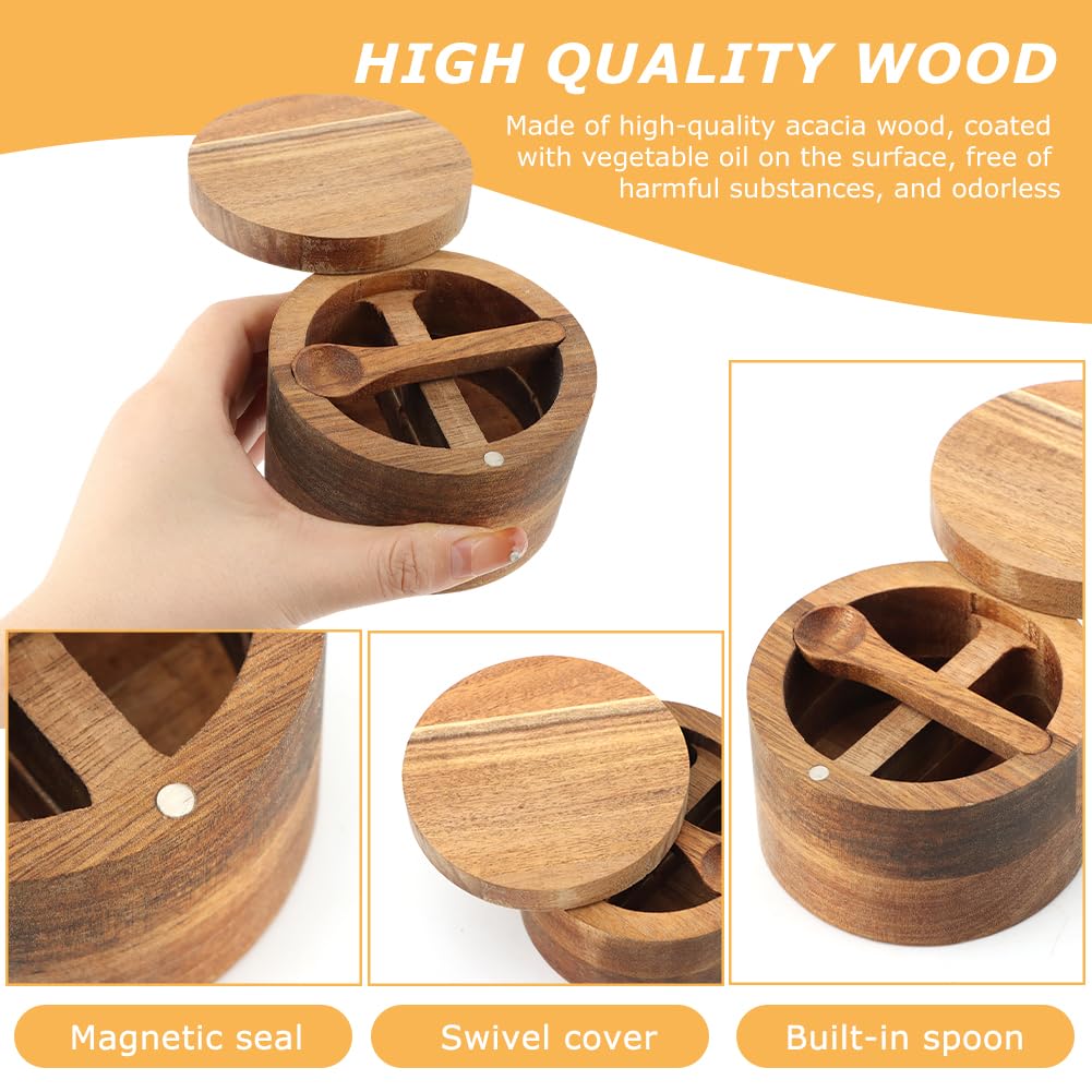 Restynic Wood Salt & Pepper Bowl with Magnetic Swivel Lid - Built-in Spoon, Natural Wood Grain, for Kitchen Spice Storage or Gifting(COLOR:Two Compartment)