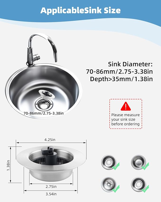 Universal 3 in 1 Kitchen Sink Drain Strainer Stopper Combo, Anti-Clog and Easy
