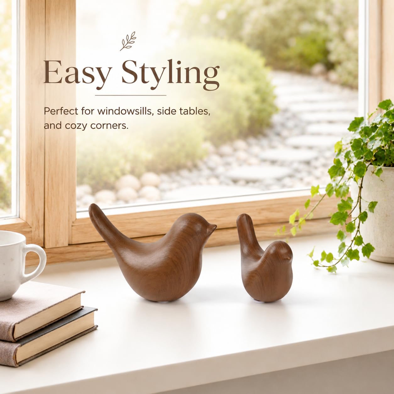 WhimWove 2 Pcs Ceramic Bird Figurines with Dark Wood Grain Look, Small Bird Statues for Home Decor, Modern Animal Sculptures, Shelf Decor, Bookshelf Decor, Tabletop Decorations for Living Room Office