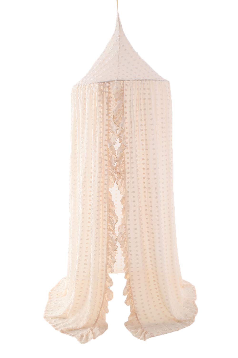 Wonder Space Elegant Kids Bed Canopy - Lace Chiffon Netting with Pom Pom, Princess Girls Fairy Dream Tent, Nursery Room Baby Crib Hanging Curtain Mosquito Net Children Reading Nook Decoration (Beige)