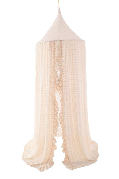 Wonder Space Elegant Kids Bed Canopy - Lace Chiffon Netting with Pom Pom, Princess Girls Fairy Dream Tent, Nursery Room Baby Crib Hanging Curtain Mosquito Net Children Reading Nook Decoration (Beige)
