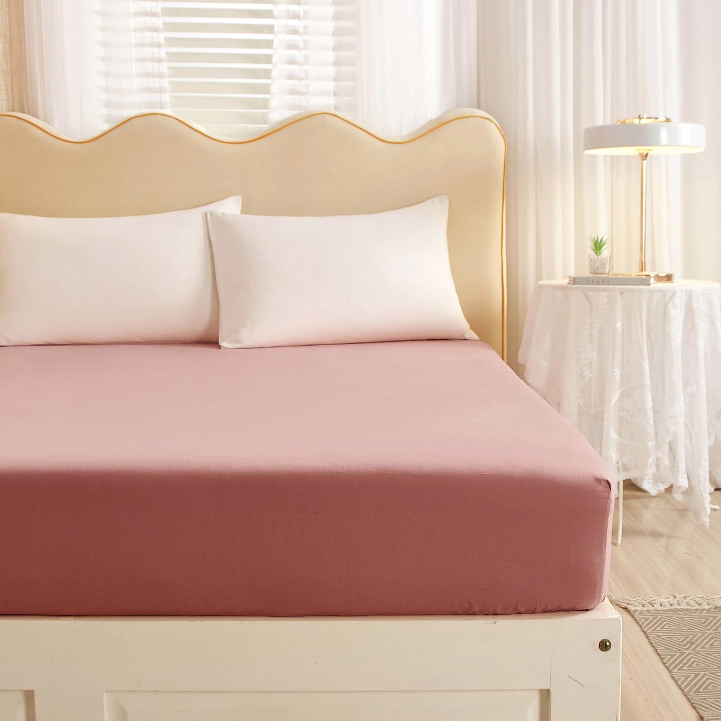 Blush Pink Cotton Fitted Sheet Queen Kids Girls Pink Bedding Sheet Cooling Bed Fitted Sheet with 15" Deep Pocket Breathable Mattress Cover Single Fitted Bottom Sheet Queen (NO Pillowcases)