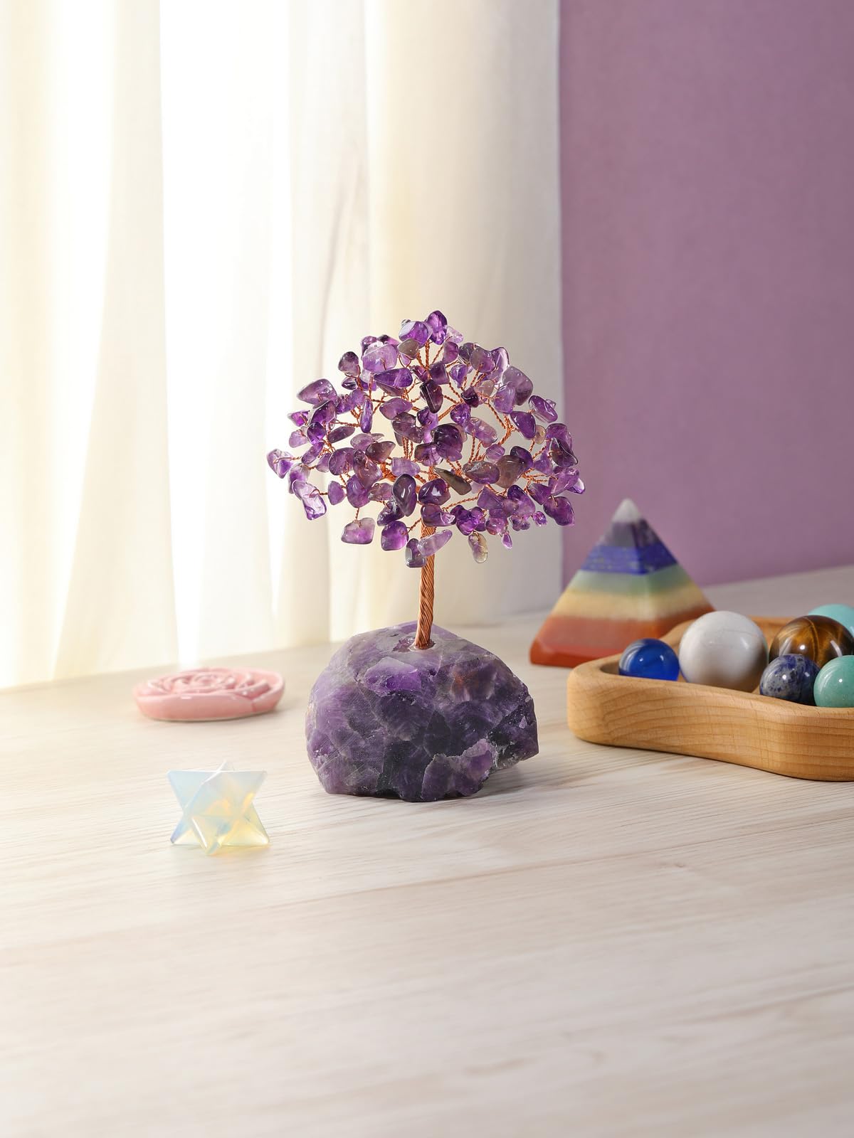 Jovivi Amethyst Crystals Tree, Raw Purple Healing Crystals Amethyst Base Bonsai Money Tree for Home Office Table Decor Wealth and Luck