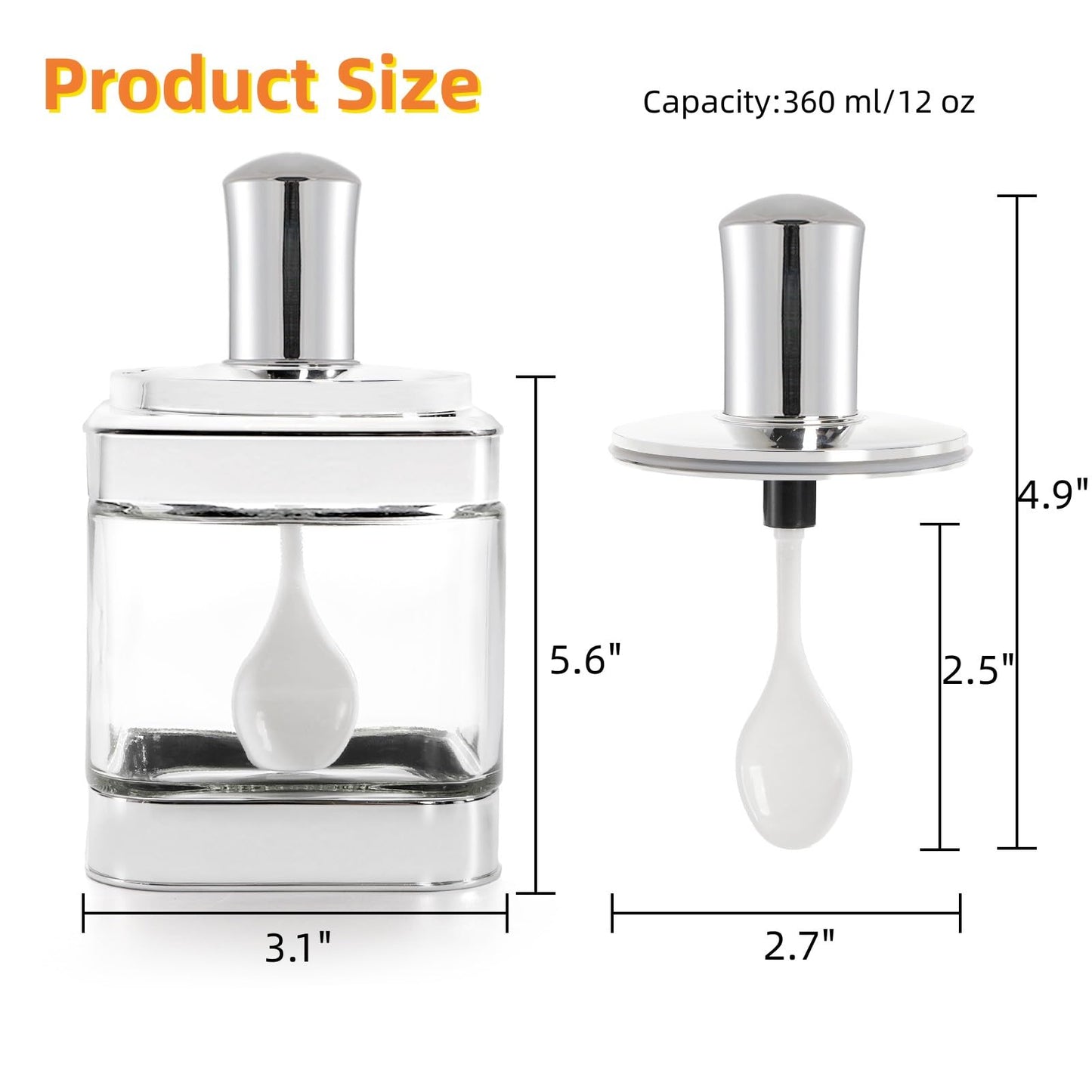 Mezchi 2 Pack Glass Condiment Pot, 12 Ounce Spice Jars with Spoon, Seasoning Box Set Salt Container, Sugar Dispense, Kitchen Containers for Flour and Sugar (Silver)
