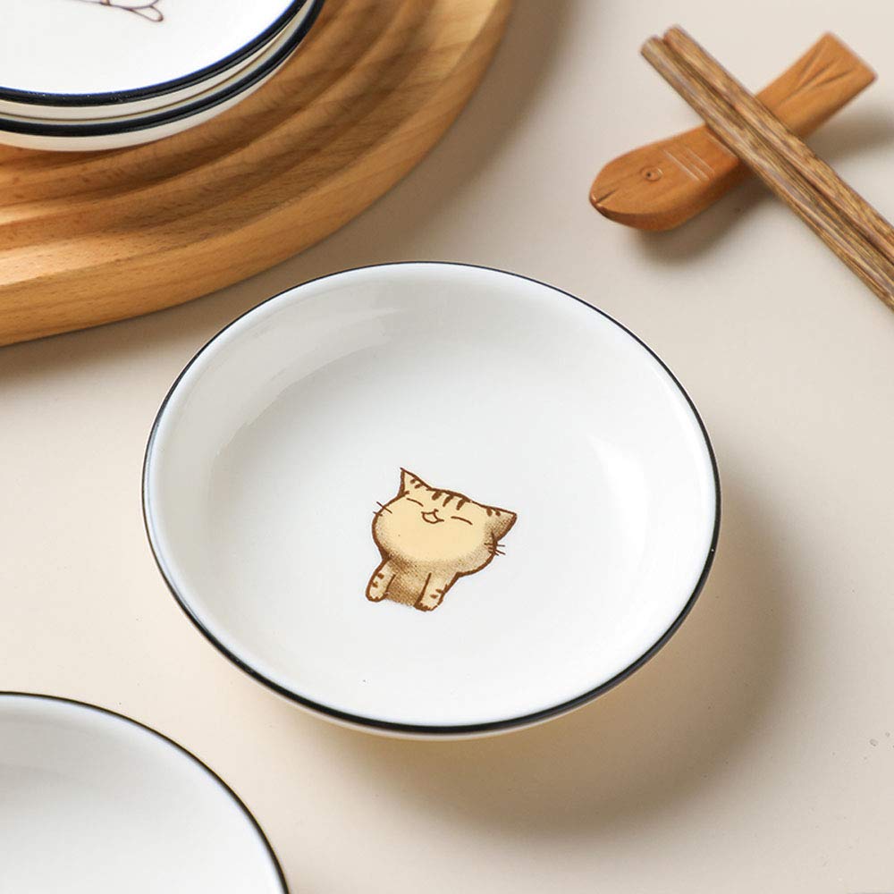 RockTrend Cute Cat Round Ceramic Sauce Dish Seasoning Dish Dessert Plate Snack Plate, 4 inches, Set of 6-Multicolor