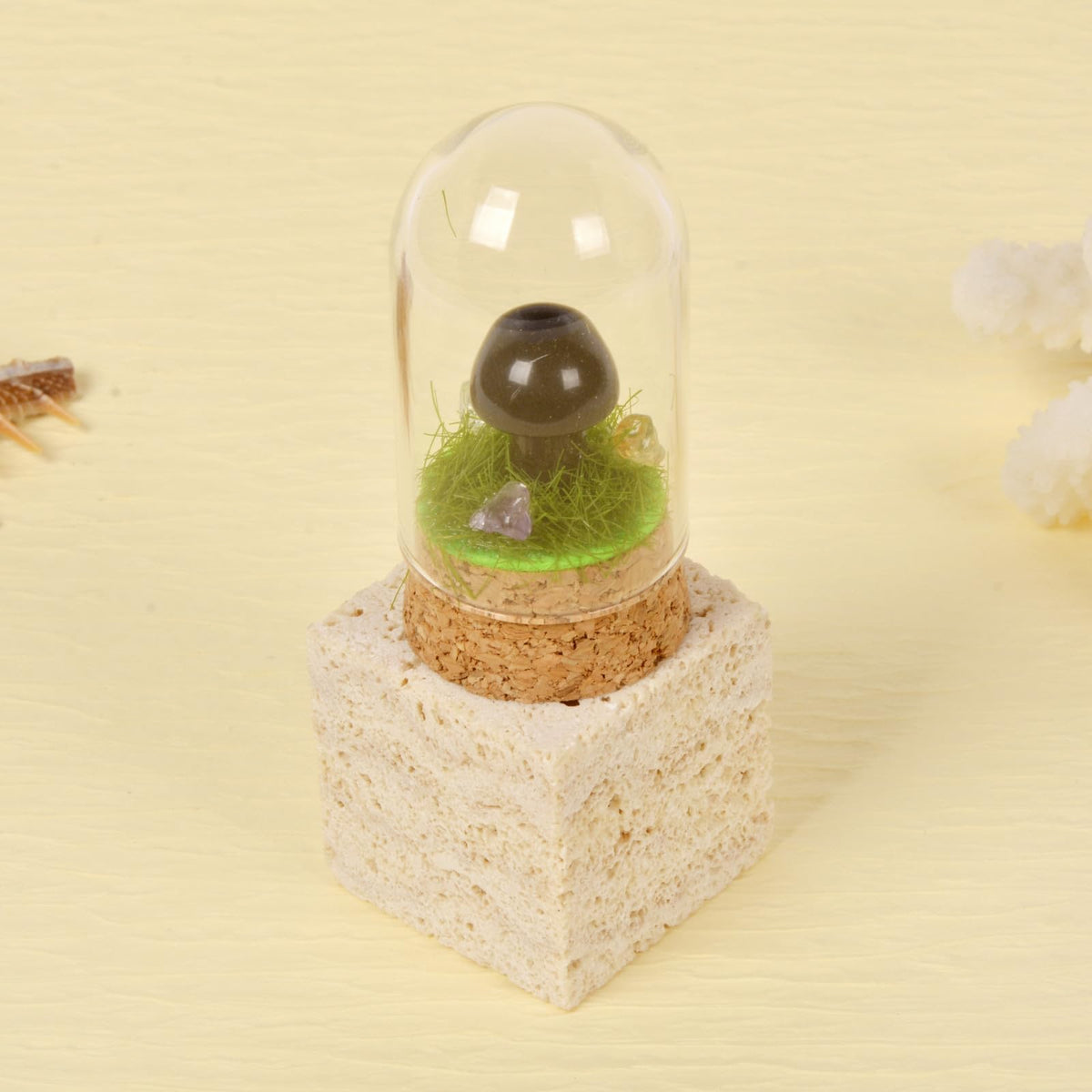 Justinstones Natural Black Obsidian Mini Mushroom Statue Figurine Home Decoration Gift with Glass Cover 2.3 inch