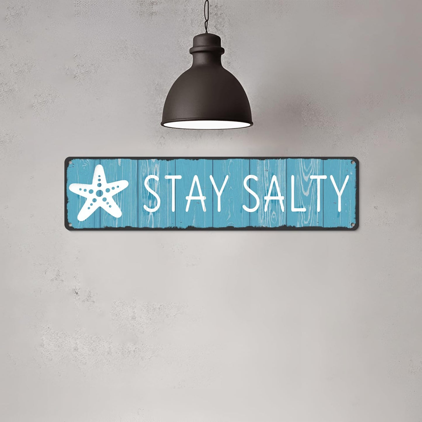 Stay Salty Sign - Coastal Metal Wall Decor - Rustic Beach House, Bathroom and Classroom Art with Starfish Motif - Summer Nautical Gift for Beach Lovers, 4x16 Inch