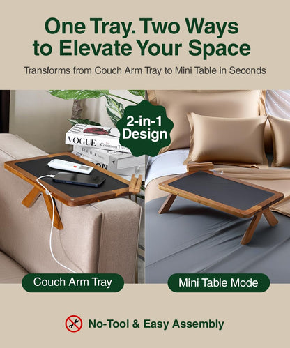 Acacia Couch Arm Tray Table – 2 in 1 Adjustable Couch Arm Table Fits Most Sofa Arms with 360° Rotating Phone Holder, Wire Holder & Non-Slip Mat – Elegant Sofa Tray for Snacks & Coffee