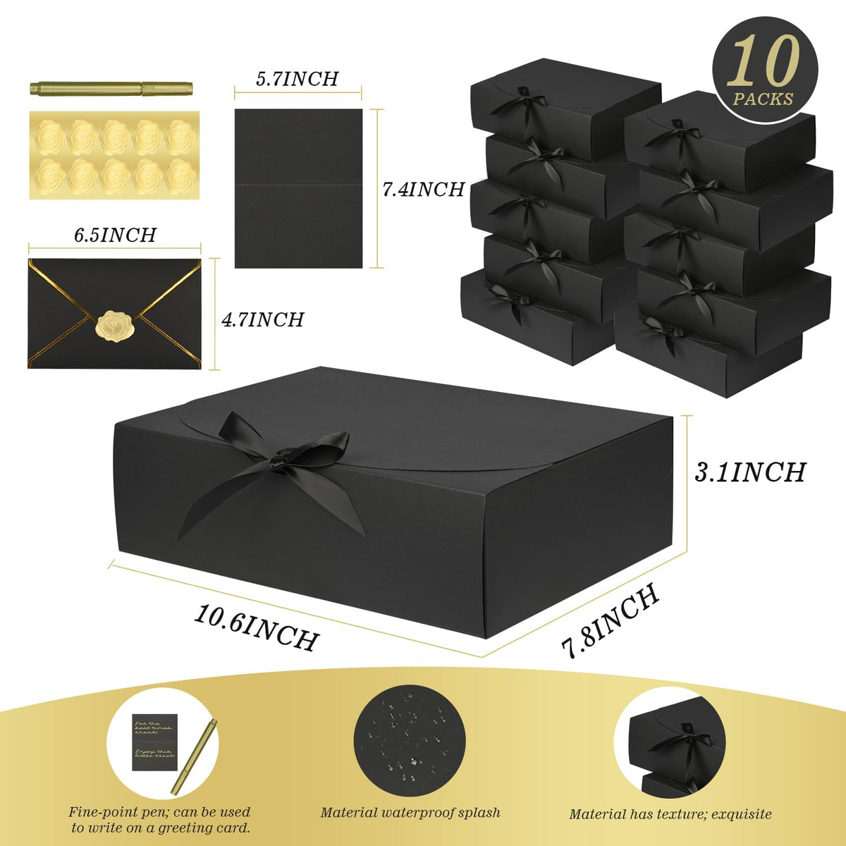 WLUSEAXI 10 Pack Black Gift Boxes with Lid, Bridesmaid Proposal Box with Cards and Envelopes Metal Pen Sticker for Groomsmen Proposal,Birthday,Wedding, Mother's Day 10.6×8×3.1 Inch