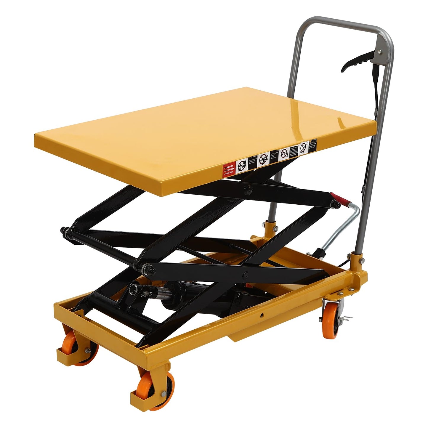 Hydraulic Lift Table Cart, 330lbs Capacity 45" Lifting Height, Double Scissor Lift Table w/ 4 Wheels and Foot Pump, Elevating Hydraulic Cart for Material Handling and Transportation, Yellow