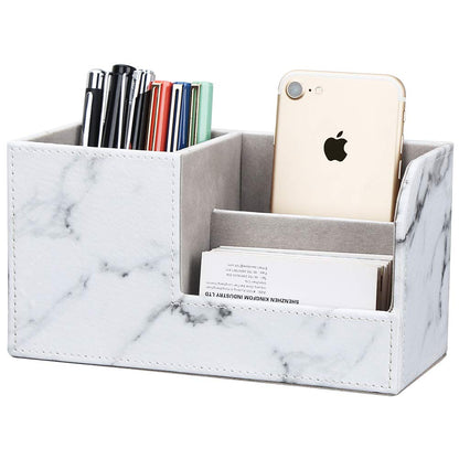 KINGFOM Desk Organizer Office Supplies Caddy Pu Leather Multi-function Storage Box Pen/Pencil,Cell phone, Business Name Cards Remote Control Holder Gray Marble