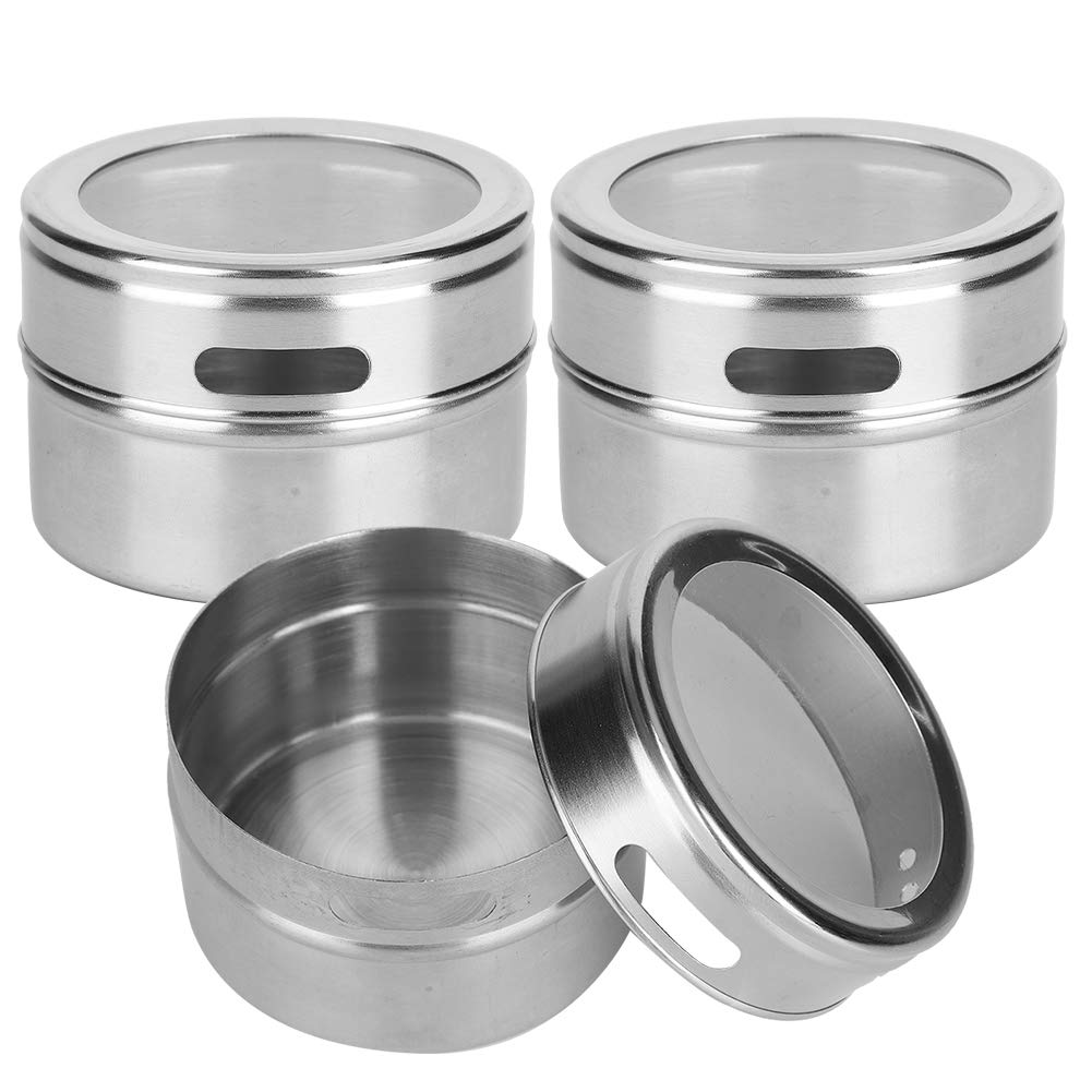 Agatige 3PCS Stainless Steel Spice Jars, Magnetic Spice Tins Seasoning Containers Bottle with Clear Lid and Holes Sift&pour for Kitchen Barbecue Accessory