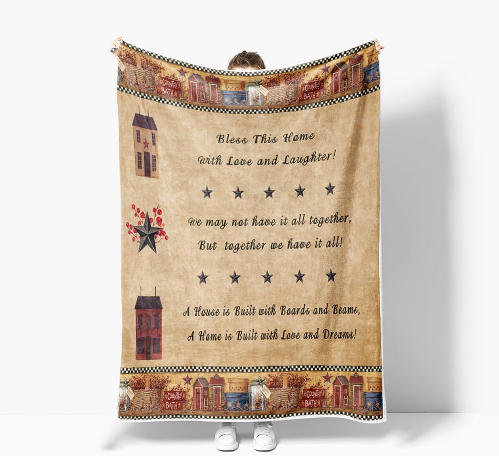 DYNH Country Throw Blanket, Rustic Western Star Country Stars with Berries and Funny Words Country Primitive Throw Flannel Blankets, Primitive Country Plush Cozy Fuzzy Blanket 50" x 60"