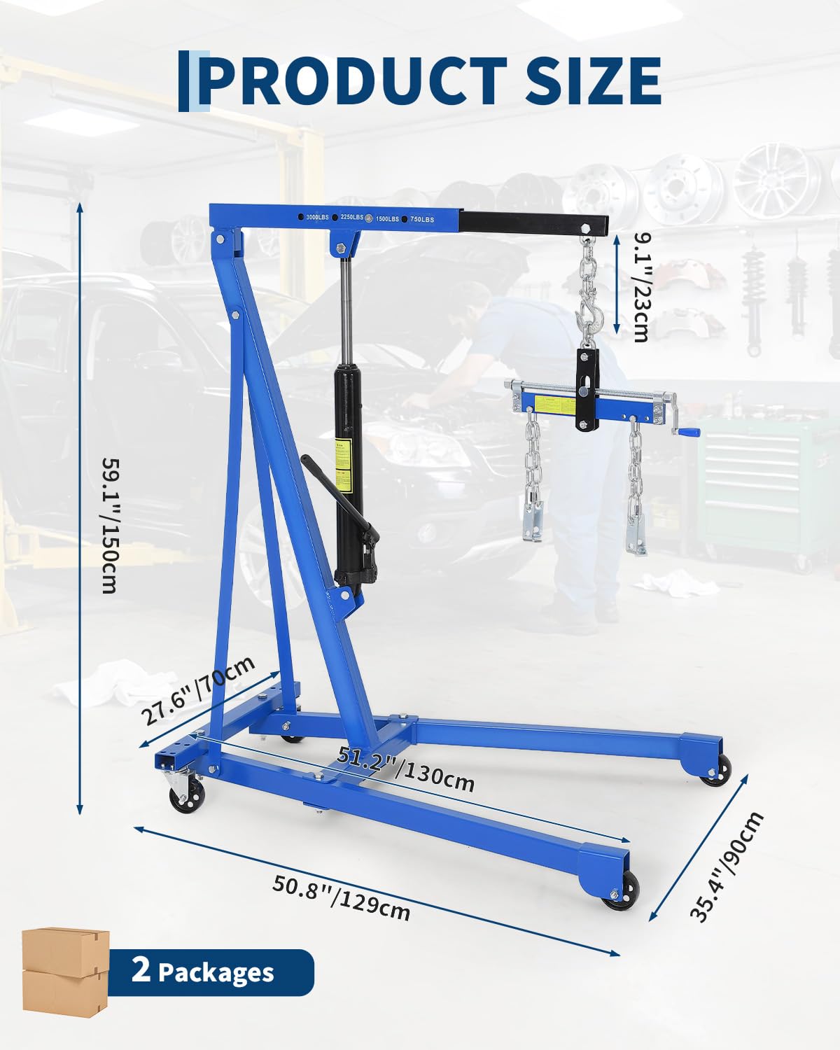 3000 LBS Hydraulic Engine Hoist with Lever, 1.5-Ton Telescoping Boom Shop Crane with 4 Heavy-Duty Casters, Garage & Warehouse Cherry Picker for Automotive, Machinery, and Equipment Lifting, Blue
