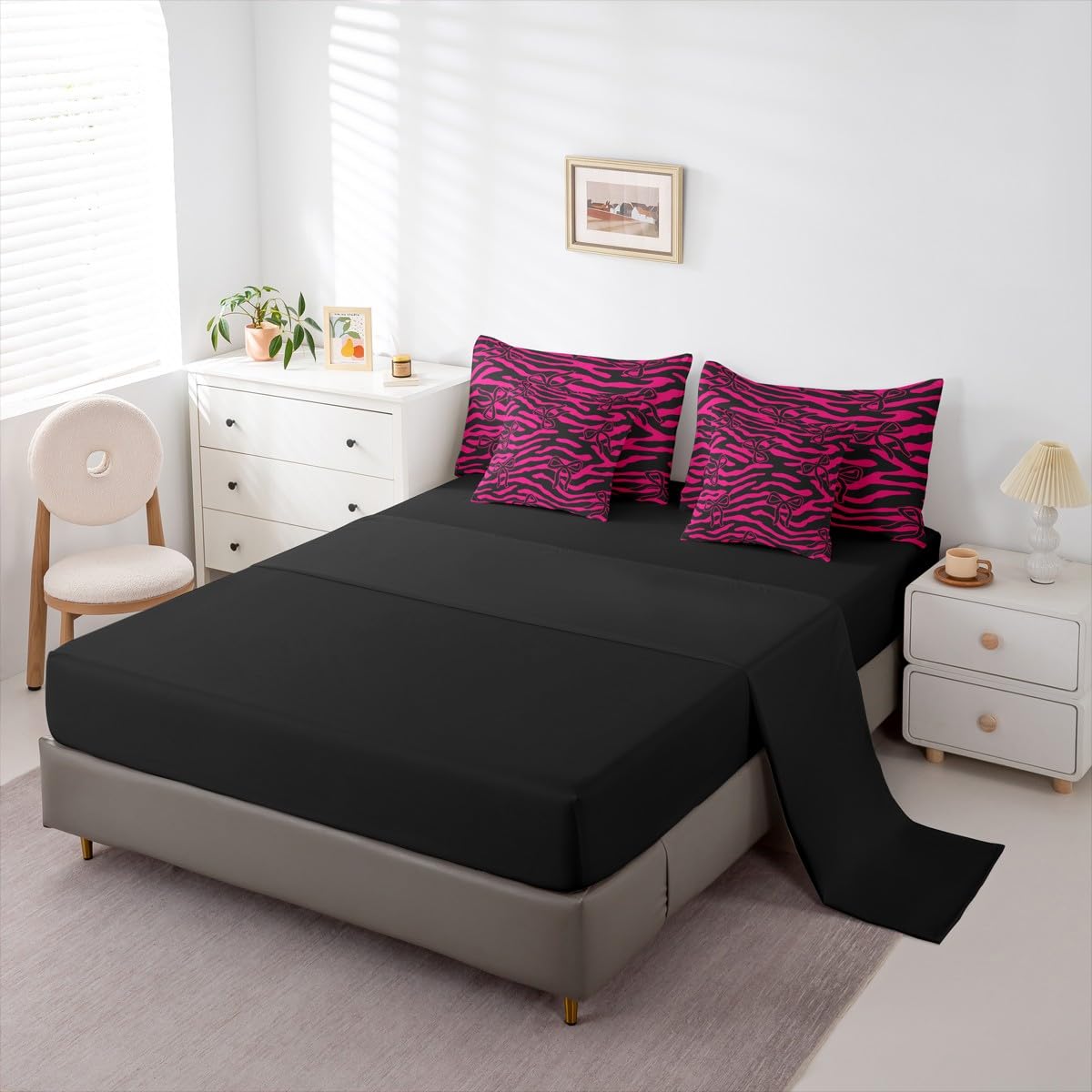 jejeloiu Bow Comforter Set with Sheets 7 Piece Twin Size Zebra Stripes Bedding Set for Kids Boys Girls Wild Animal Skin Bed in a Bag Cute Bowknot Room Decor Hot Pink Soft Lightweight Microfiber