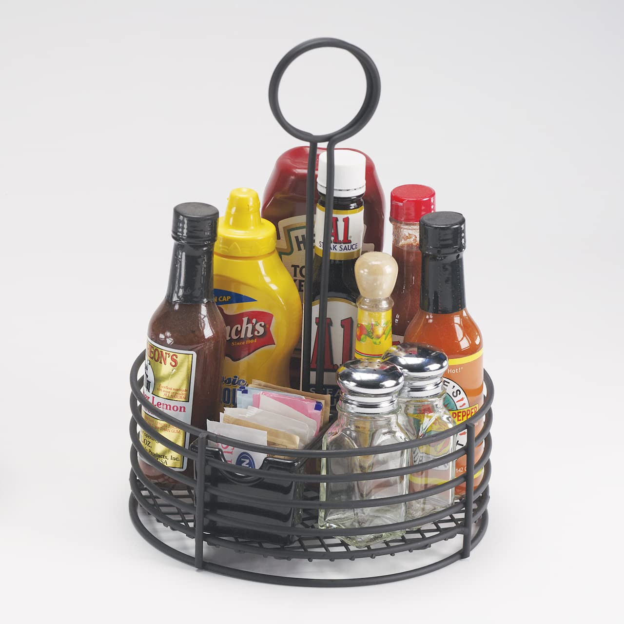 Get 4-31860 Black Round Stainless Steel Condiment Caddy Iron Teflon Coated Table Caddies Collection & Carlisle FoodService Products Sugar Caddy for Kitchens, Plastic, 20 Packets, Black, Small