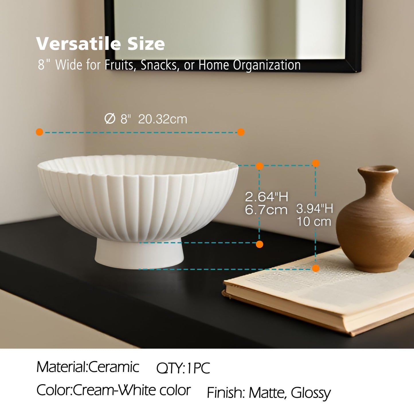 Modern 8 Inch White Ceramic Fruit Bowl - Small Footed Pedestal Fruit Bowl for Kitchen Counter, Farmhouse Chic Centerpiece for Dining Coffee Table & Home Decor,Key Ruffle Bowl for Entryway Table ﻿