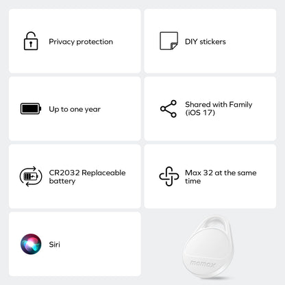 Momax Key Finder Tracker Tag - [Apple MFi Certified] Smart Bluetooth Tracking Device with Find My (iOS Only), Replaceable Battery, DIY Stickers, for Wallets, Luggage, Suitcases, Backpacks, 2 Pack
