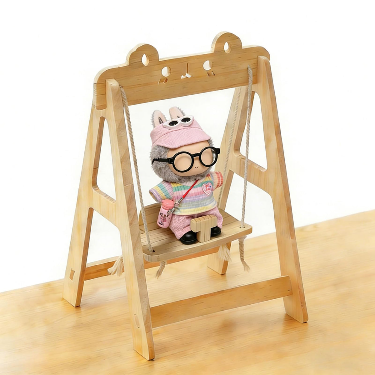 Wooden Bed Swing Chair Furniture for Labubu Doll, Doll Accessories Decor, Cute Doll Stuff for Labubu