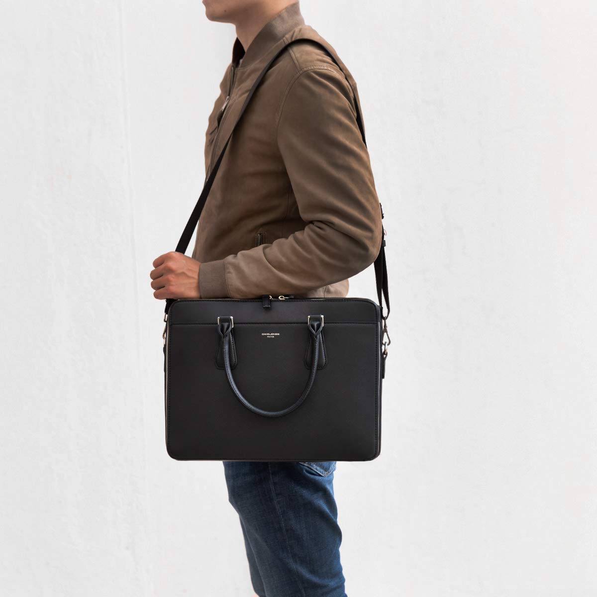 David Jones - Men's Business Briefcase Work Satchel - 13 Inch Laptop Bag PU Leather - Shoulder Messenger Bag - Multiple Pockets Crossbody Bag - Computer Handbag Office College Travel Elegant - Black