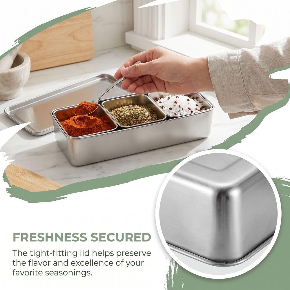 Anu Limen Stainless Steel Condiment Pots 3 Compartment – Spice Storage Box with Lid and 3Pcs Spoons for Salt, Sugar, Peppers 12.99x5.91x2.56 In