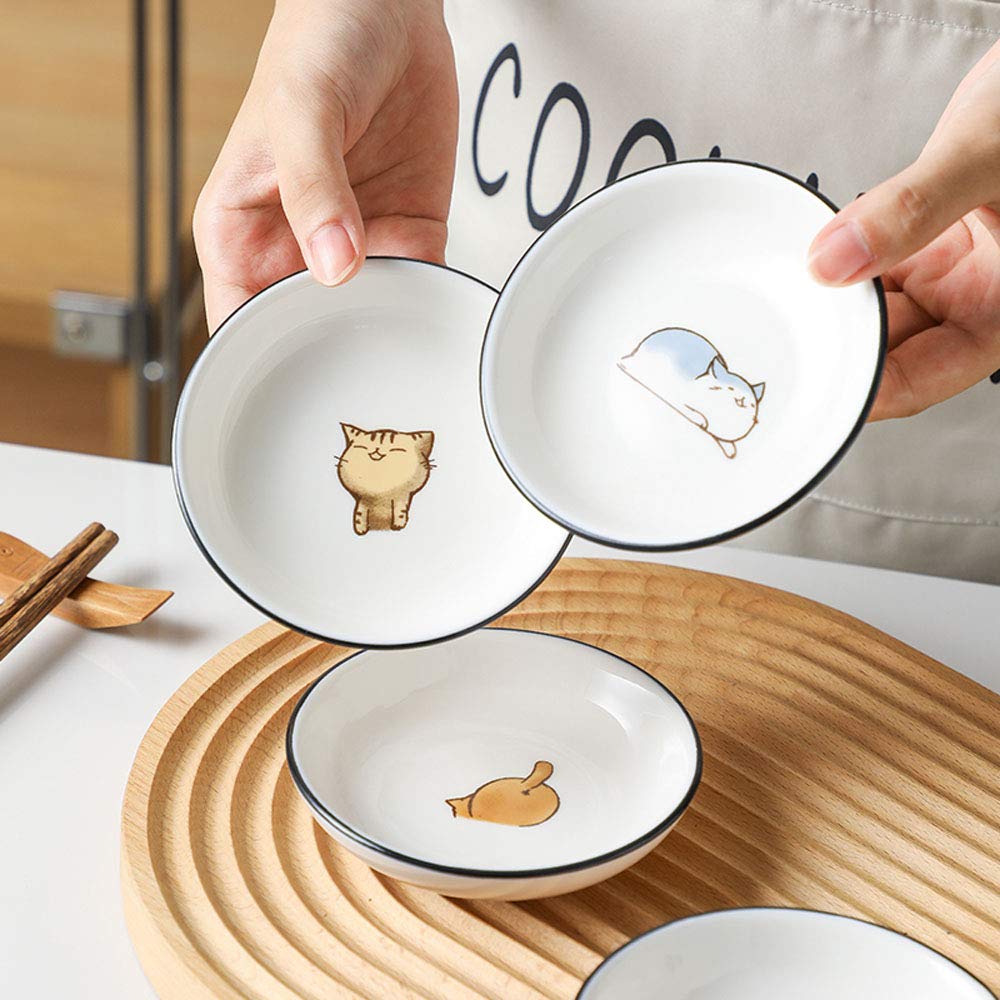 RockTrend Cute Cat Round Ceramic Sauce Dish Seasoning Dish Dessert Plate Snack Plate, 4 inches, Set of 6-Multicolor
