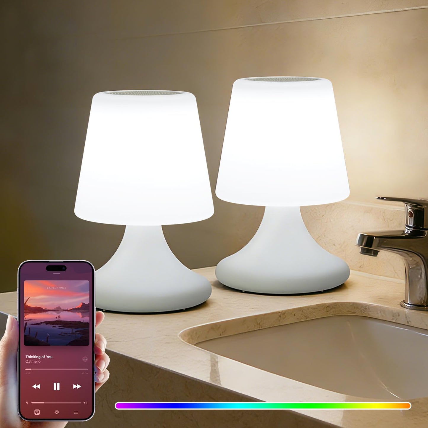 uuffoo 2 Pack Shower Lamp Cordless LED Table Lamp with Speaker Patio Outdoor Speaker with Lights RGB IP44 for Patio Pool Party Balcony Bathroom (Waterproof, Rechargeable)