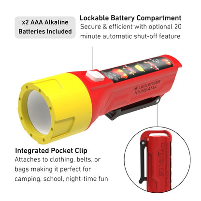Ledlenser KidBEAM4 Kids Torch, 4 Colour LED AAA Battery Fireman Flashlight, Lightweight 72g, Inc Pocket Clip, Auto Shut Off Feature, Excellent for Reading, Camping & Night Time Fun, Gift for Children