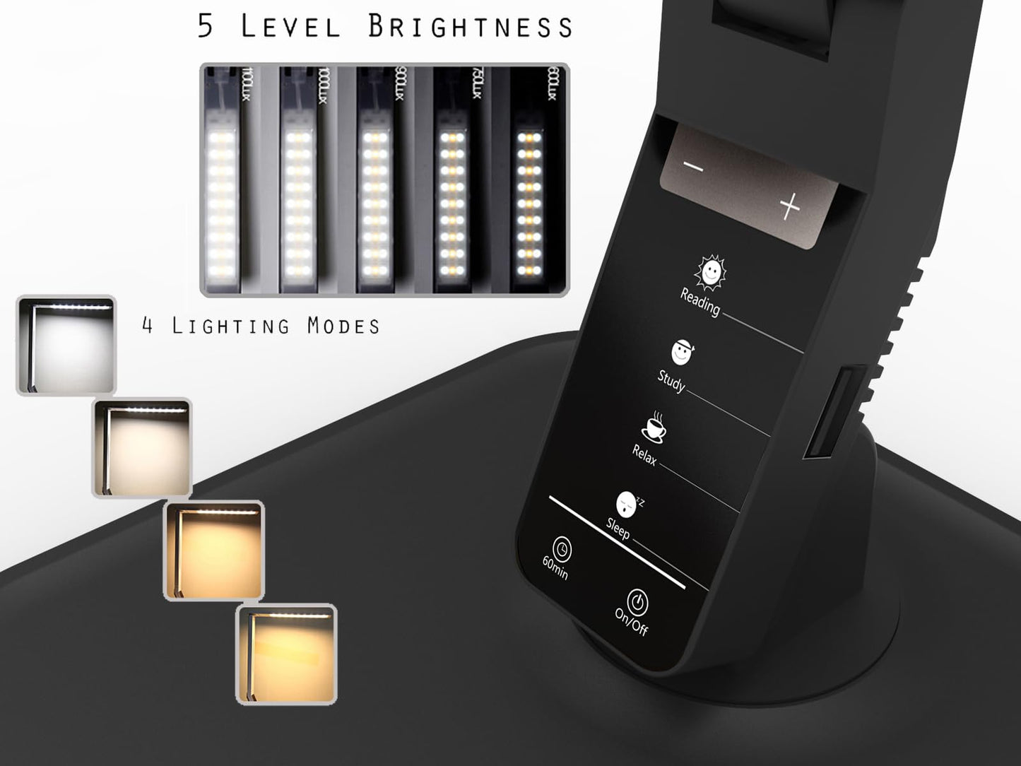 MAGIC LEAVES Desk Lamp, LED Dimmable Reading Light with Adjustable Lighting 5 Brightness Levels, 4 Light Colors and USB Charging Port Table Lamp (Piano Black)