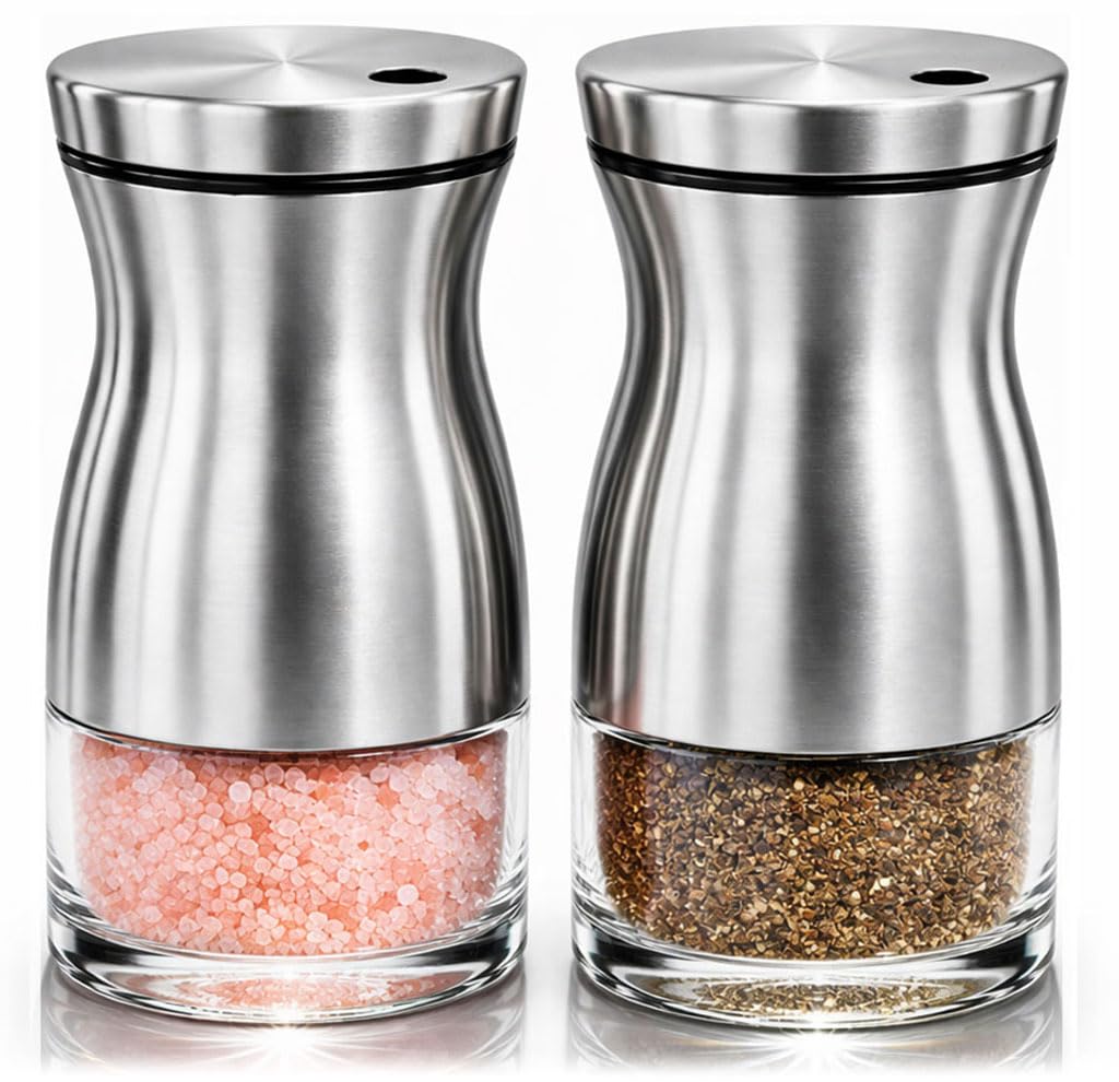 Salt and Pepper Shakers Set with Adjustable Pour Holes by CHEFVANTAGE - Stainless Steel