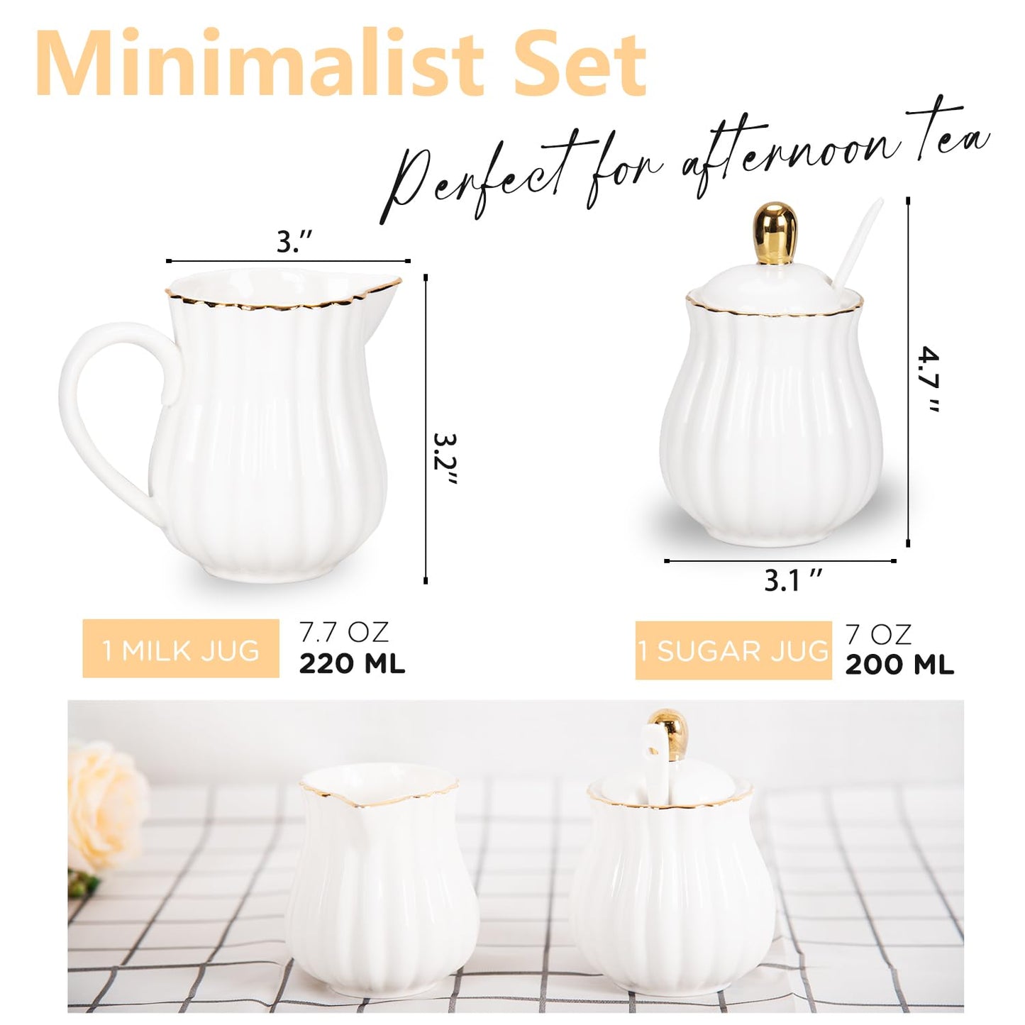 Prefdo Porcelain Sugar and Creamer Set, British Style Creamer Pitcher and Sugar Jar, Sugar Set with Lid & Spoon, Coffee Serving Set for Home Coffee Tea Party
