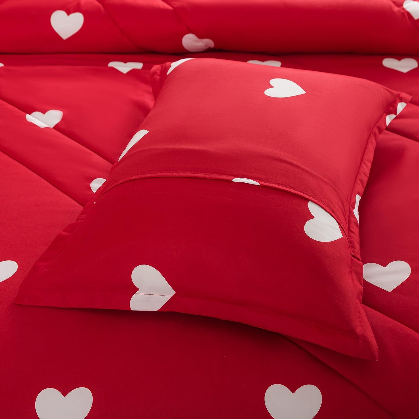 Caressma Love Comforter Set Twin Size - Cute White Heart Print Red Bedding Comforter with Matching Pillowshams