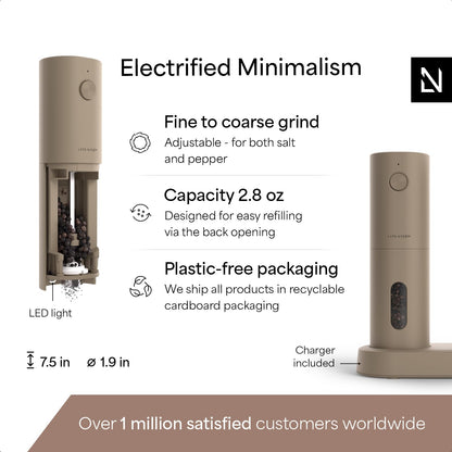 LARS NYSØM Electric Salt and Pepper Grinder Set, USB Rechargeable, Automatic Salt and Pepper Mills, Spice Shakers Refillable with LED Light, Adjustable Coarseness, Ceramic Grinder (Taupe Brown)