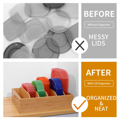 XiaoyuziTF Bamboo Lid Holder Food Container, Kitchen Organizer with 5 Adjustable Dividers, Cabinet Organizer for Food, Kitchen Gadget, Container Lids (2pcs)