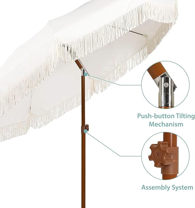 AMMSUN 7ft Patio Umbrella with Fringe Outdoor Tassel Umbrella UPF50+ Premium Steel Pole and Ribs Push Button Tilt, Cream White